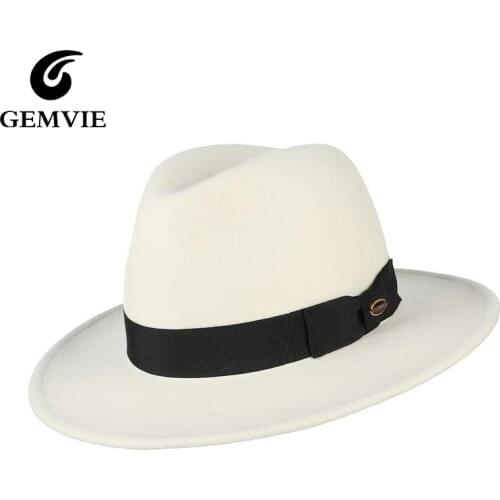 GEMVIE White Women Wool Fedora hat Men Wool Felt Hat Autumn Winter Panama Jazz Cap