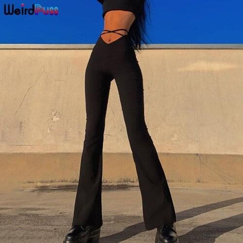 Weird Puss 2021 Cyber Y2K High Waist Bandage Women Flare Pants Solid Elastic Slim Long Trousers Thin Korean Fashion Streetwear