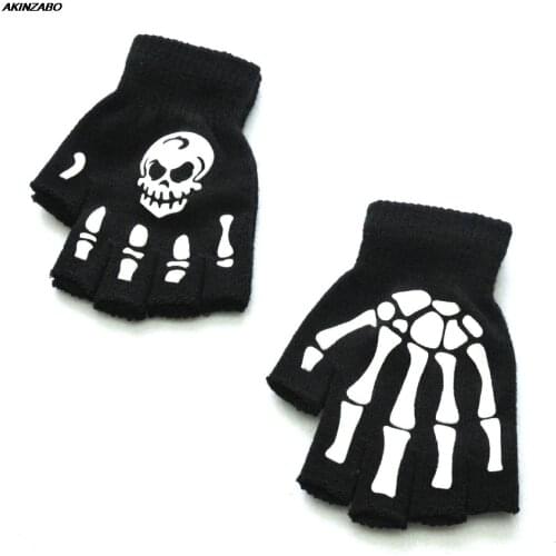 Halloween Luminous Fluorescent Skull Claw Printing Gloves Hip Hop Half Finger Mittens Fingerless Winter Warm Knit Skulls Gloves