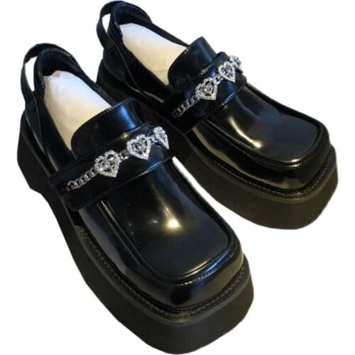 Thick Womens Leather Boat Shoes Breathable Black Womens Mary Jane Shoes Zapatillas Mujer Walking Shoes Chain Women Loafers