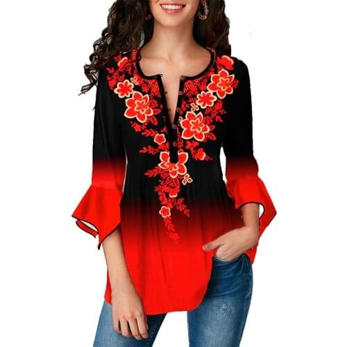 Vintage Blouse Shirts for Women Gradient Color Printing Irregular Flare Sleeve O-neck Slim Buttons Blouses Streetwear