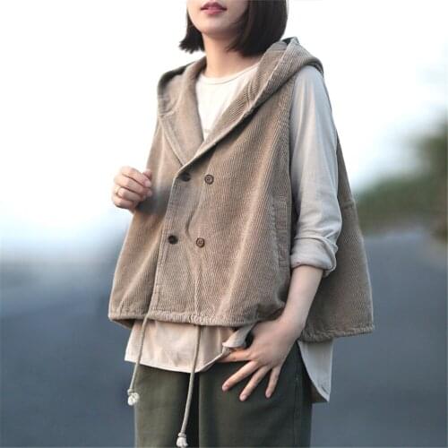 Women Autumn Hooded Double Breasted Casual Corduroy Vest Women Hooded Loose Waistcoat Sleeveless Jacket Outerwear Pocket Vests