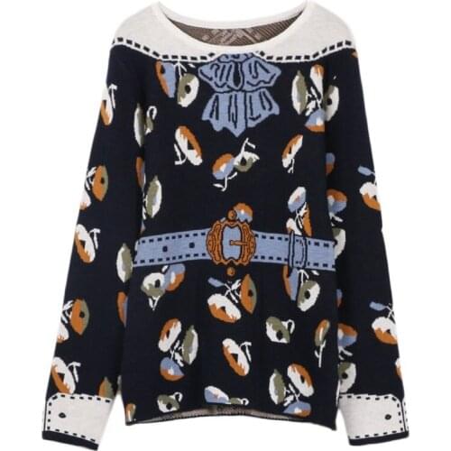 Runway Pullover Jumper 2018 New Designer Vintage Bow Belt Pattern Europe O-neck Long Sleeve Knitted Sweater Women Cute Top