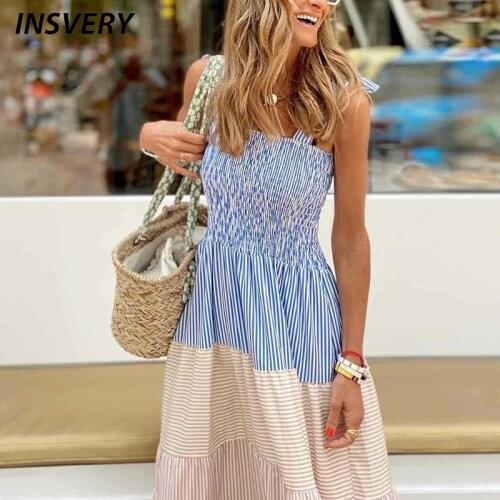Women Long Dress Pleated Sleeveless Maxi Beach Dress Women Off Shoulder Bow Sling Party Dress Lady Fashion Striped Print Dresses