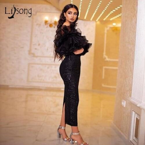 Sparkle Black Sequined Ankle Length Evening Dresses 2020 Off The Shoulder Full Sleeves Evening Gowns Formal Vestidos De Festa