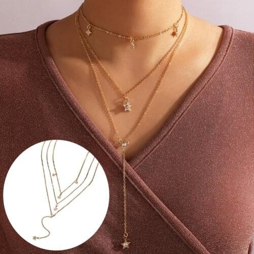 Necklace Multilayer Five-pointed Star Pendant Women Rhinestone Long Chain Choker Necklace for Dating