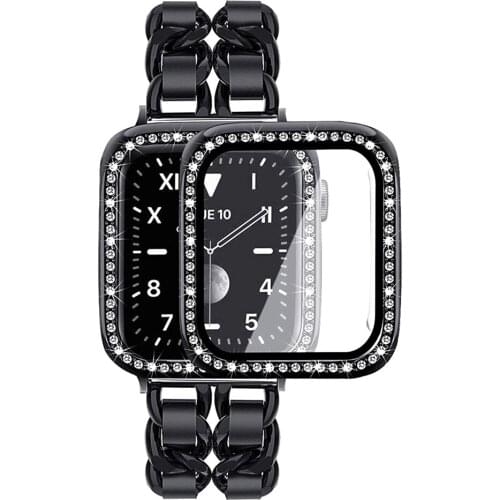 For Apple Watch SE Band 40mm 44mm with Screen Protector Case Women Jewelry Bracelet Metal Strap Bling Cover for iWatch 6 5 4