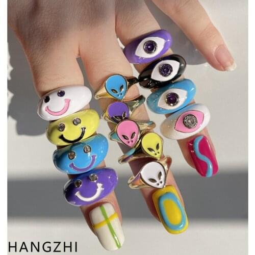 INES New Neon Color Zircon Handmade Drip Oil Eyes Smiley Alien Copper Rings Party Fashion Jewelry for Women Lady HANGZHI 2021