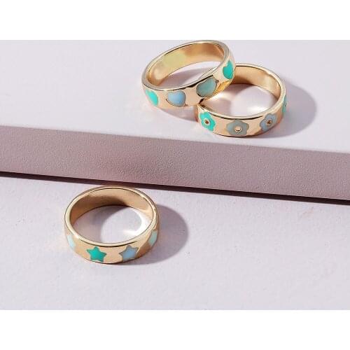 2021 Summer Women Jewelry Heart Star Flower Enamel Rings Set 3 Pieces