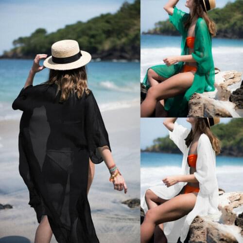 Summer Women Chiffon Solid Color Casual Loose Bathing Suit Bikini Swimwear Cardigan Long Cover Ups Beach Dress Sarong Wrap Pareo