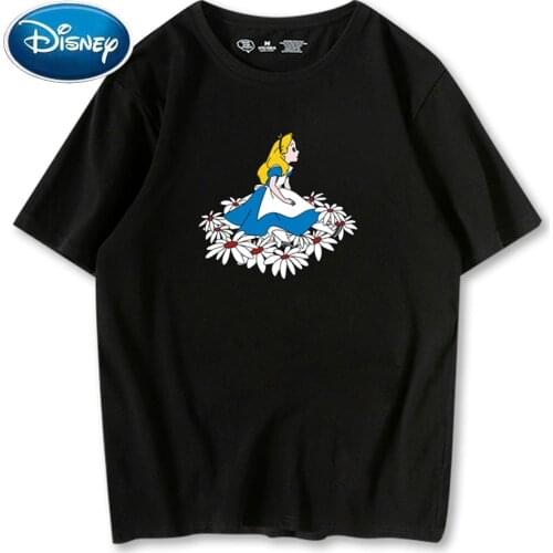 Disney Fashion Alice in Wonderland Princess Cartoon Print O-Neck Pullover Short Sleeve Contrast Color T-Shirt Unisex Top 9 Color