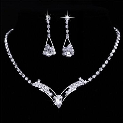 Trendy Female White Crystal Jewelry Set Charm Silver Color Wedding Drop Earrings For Women Cute Bridal Geometry Chain Necklace