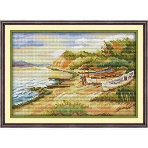 Seaside boat cross stitch kit DIY hand embroidery set craft handmade needlework cross-stitching DMC color Dreamfounder