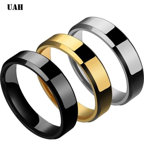 UAH 2018 6mm Titanium Steel Black Finger Rings Set For Man Silver Plated Ring For Women Golden-color Jewelry Female Wedding Ring