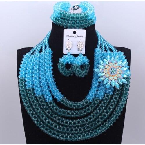 Dudo Crystal Teal Wedding Jewelry Set Blue Bridal Sets Jewelry With Pin 5 Layers Beaded Necklace African Free Shipping 2018 New