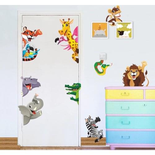 Jungle Animals Giraffe Lion Tiger Elephant Rhinoceros Pvc Wall Stickers For Kids Rooms Baby Home Decor Cartoon Animals Decals