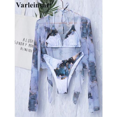 New Sexy Printed Long Sleeve Bikini Female Swimsuit Women Swimwear Three-pieces Bikini set Halter Bather Bathing Suit Swim V2873