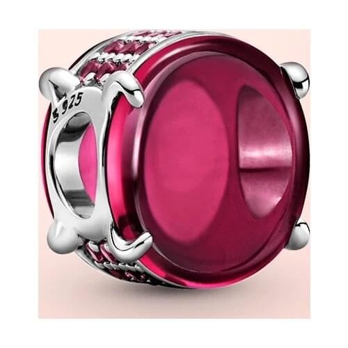 925 Sterling Silver Fuchsia Rose Oval Cabochon Charm fit Original Pandla Bracelet 2021 women DIY fine jewelry Valentine Day gift