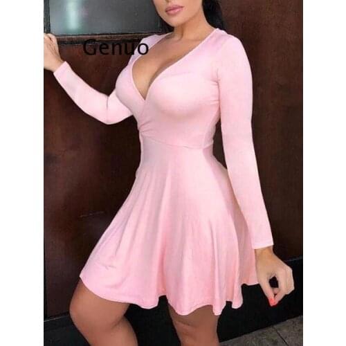 Plus Size 3XL 2020 Fashion Solid Color Long Sleeve Woman Dress Sexy & Club Deep V-neck Short Dress Women Bodycon Dress
