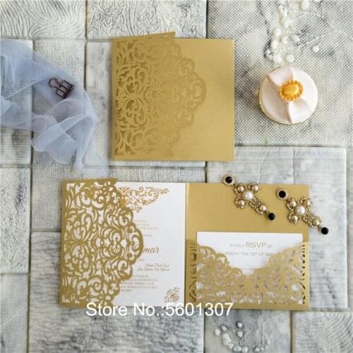 Rree shipping Dark Blonde Personalized Printing Laser Cut Pocket Bridal Shower Cards Shiny Flower Wedding Invitations With Card
