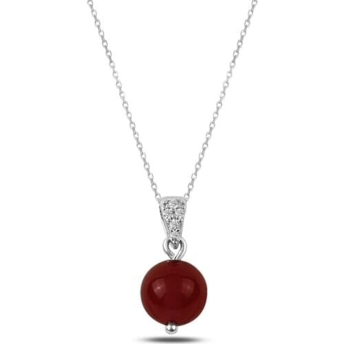 Silver 925 Sterling Red Agate Ball Necklace