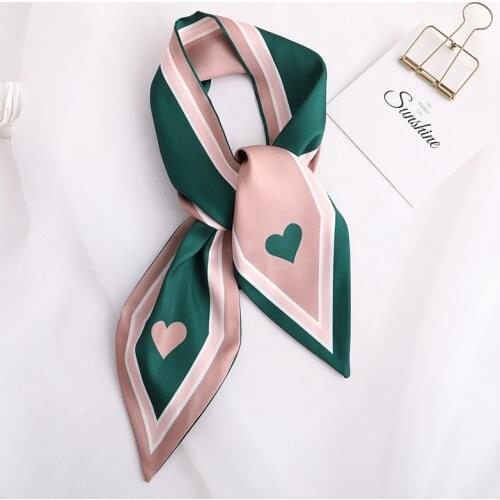 Sweet Love Print Women Small Silk Scarf Handle Bag Ribbons Female Head Scarves Sharp angle Green 90*10cm