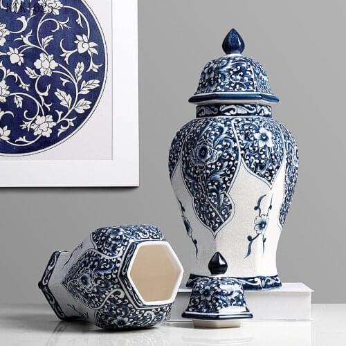 Nordic Blue Pattern General Jar Vase Flower Arrangement Desktop Decoration Large Ceramic Sealed Storage Jar Vase Home Decoration