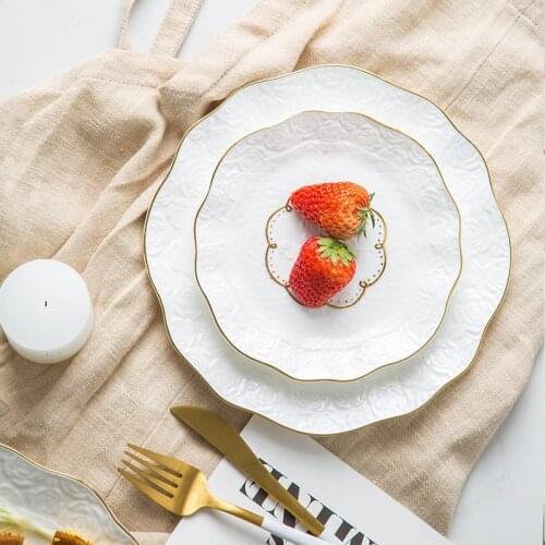 European Style Flower Plate Golden Border Dessert Plate Household Salad Plate Western Food Steak Plate Living Room Tableware