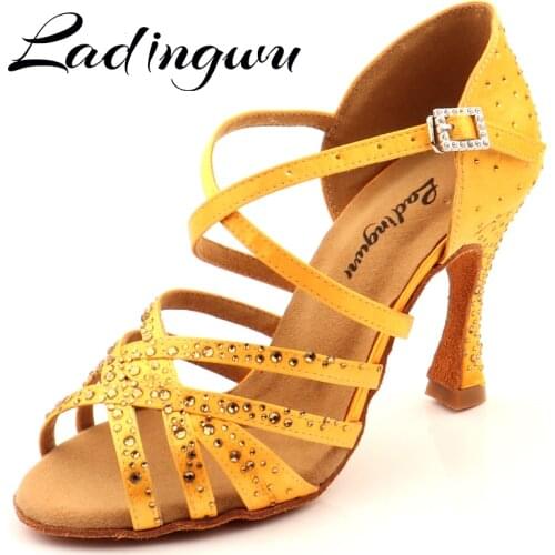 Yellow Satin Bronze Rhinestones Womens Latin Dance Shoes Ballroom Dance Shoes Party Square Dance Shoes Soft Bottm Heel 5-10cm