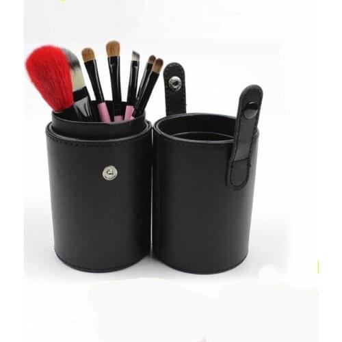 High quality soft goat hair seven brushes makeup kits pink wood handle 7pcs cosmetic brushes set with black PU barrel