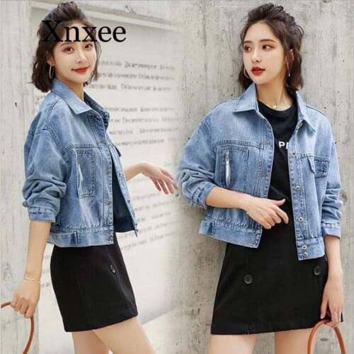 Spring And Autumn denim jacket women Short-height Short Jeans Coat GirlS Korean-style Loose-Fit Cool College Style Tops blue