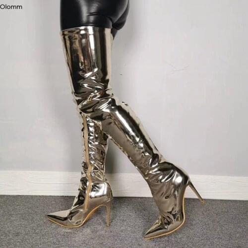 Olomm Handmade Women Thigh High Boots Sexy Stiletto Heels Boots Pointed Toe Gorgeous Champagne Shoes Women Plus US Size 5-15