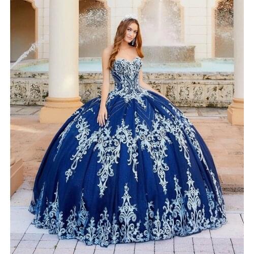 Sweetheart Navy Blue Ball Gown Quinceanera Dresses With Appliqued Beads Lace Up Prom Dress Vestido De Festa Sweet 16 Dress