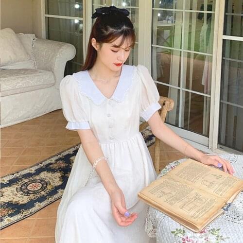 Korean Style Sweet Doll Collar High Waist Slimming Mid-Length Elegant Short Sleeve Dress for Women Summer New 2021