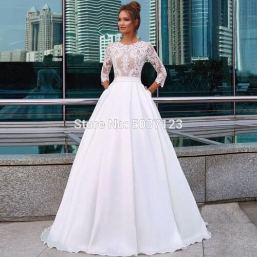 2021 A Line Satin Wedding Dresses Vestido De Noiva Three Quarter Lace O Neck Sweep Train Floor Length Bridal Gown Robe De Mariée