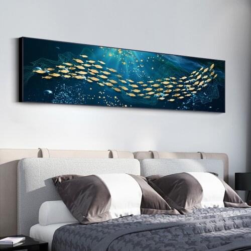 Abstract Gold Blue Wandering Fish Canvas Painting Posters and Prints Modern Wall Art Pictures for Living Room Cuadros Home Decor