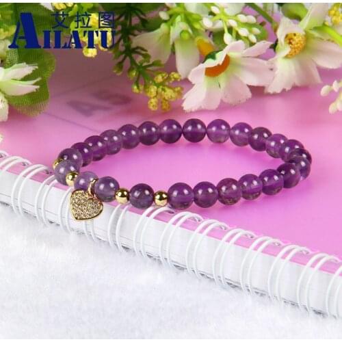 Ailatu 10pcs/lot Wholesale 6mm Natural Purple Crystal Stone Beads with Love Heart Cz Bracelet Fine Girl Women Charms Jewelry