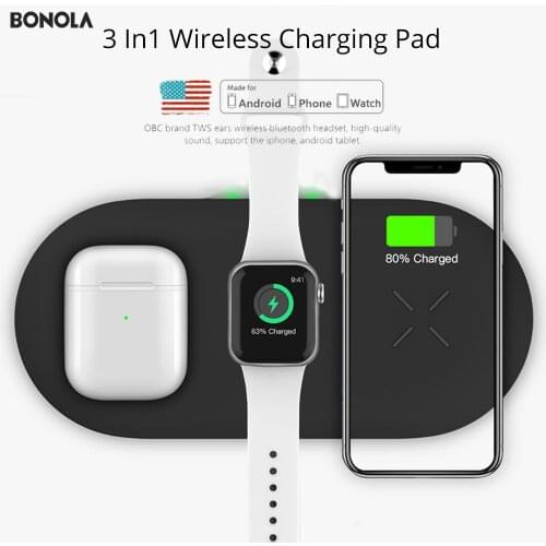 Bonola 3 In1 Wireless Charging Pad For iPhone 11Pro/11/XAR/XsMax Charger Dock For Apple Watch 5 Wireless Charger For AirPods Pro