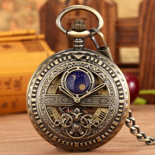 Blue Moon Sun Simulation Pointer Hollow Pattern Lady Pocket Watches Manual Mechanical Good Dial Practical Thick Chain Clock Male