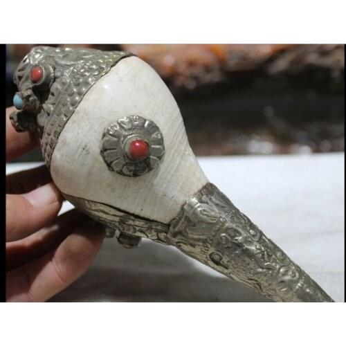 Decoration brass factory outlets Tibet Silver Tibetan Old Silver Inlay Gem musical instrument Shell Conch Horn Trumpet Statue