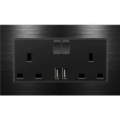DepoGuye UK 1Gang 2way switch .Black aluminum panel wall power socket + USB hole, British standard 13A socket,86mm * 86mm
