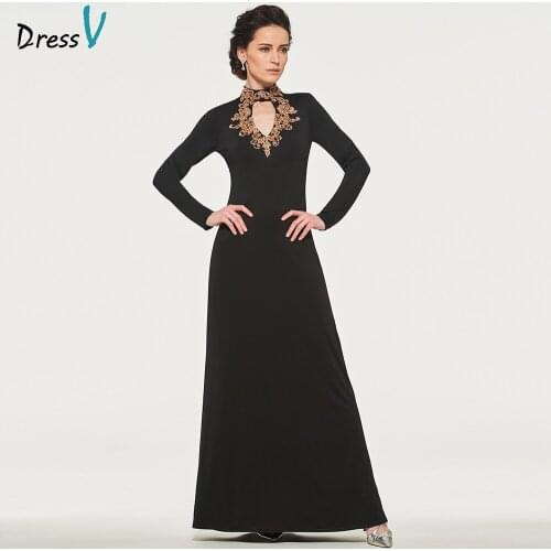 Dressv black elegant mother of bride dress high neck long sleeves beading zipper up long mother evening gown dresses custom