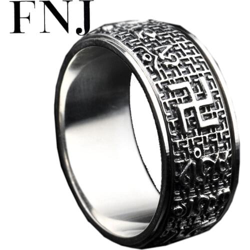 FNJ 925 Silver Buddha Ring Om Mani Padme Hum Fashion Original S925 Sterling Silver Rings for Women Men Jewelry Size USA 7.5-12