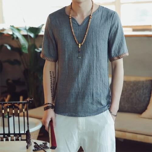 Cotton Linen Blouse Short Sleeve T Shirt Men Summer Chinese Traditional Clothes Male Retro Hanfu Tang Suit Streetwear Tees Tops