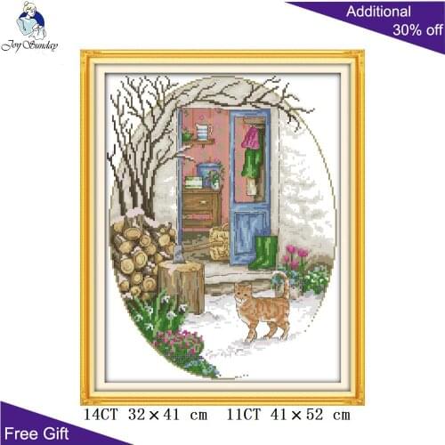 Joy Sunday Cat In Front Of The Door Home Decoration DA566 14CT 11CT Counted Stamped Cats Handcraft Cross Stitch kits