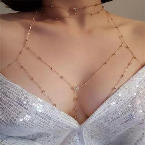 Fashion sexy diamond bead body jewelry sexy simple chest chain womens bikini beach bra chain waist chain