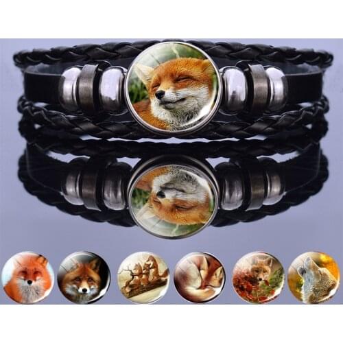 Fashion Black Leather Handmade Bracelet Bracelets for Women Wedding Party Gifts Jewelry Cute Fox Photo Glass Cabochon Accessory