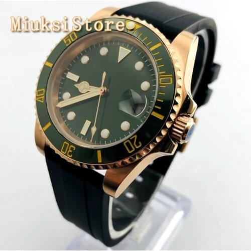 Bliger 40mm rose gold case sapphire glass ceramic bezel green dial date window rubber strap mens top automatic mechanical watch