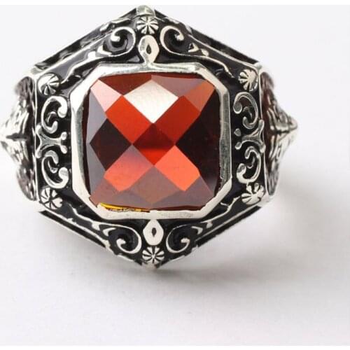 Handmade Red Zircon Man Silver Ring,Rhodium Plated Square Zircon Silver Men Ring, Silver Zircon Man Ring,925 Sterling SilverRing