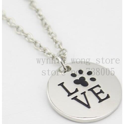 2015 new Silver "LOVE" Round Pendant with Paw Print Necklace Pet Rescue Paw Print Tag Wholesale Jewelry
